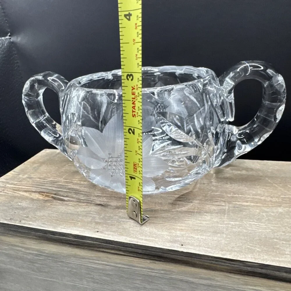 Etched Glass Clear Cut Flower Design Sugar Bowl with Two Handles Solid Heavy